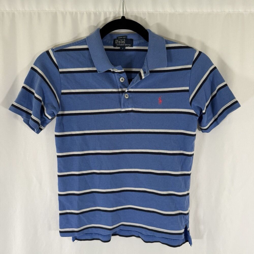 Polo Ralph Lauren Shirt Boys 7 Blue Striped Pink Pony Short Sleeve 100% Cotton